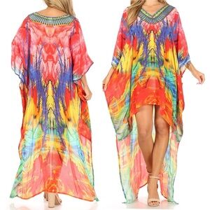Sakkas Laisson Flowy Hi Low Caftan Rhinestone Boxy V Neck Dress Top Cover / Up
